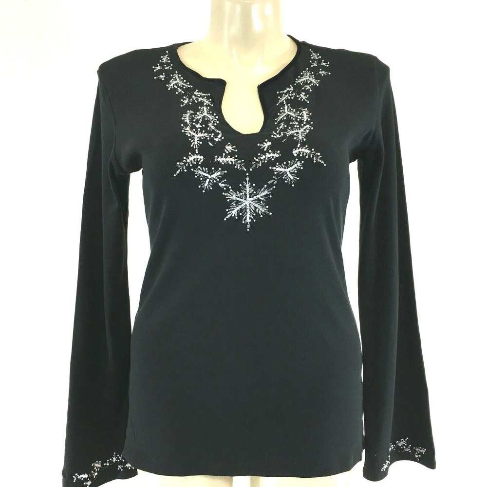 MODODOC Top MED Black T‎ Shirt Velvet Trim White Bead Metallic Bell Sl Stretch